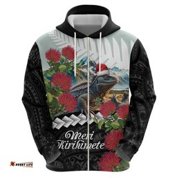 meri kirihimete tuatara hoodie new zealand fern with puhutukawa flowers