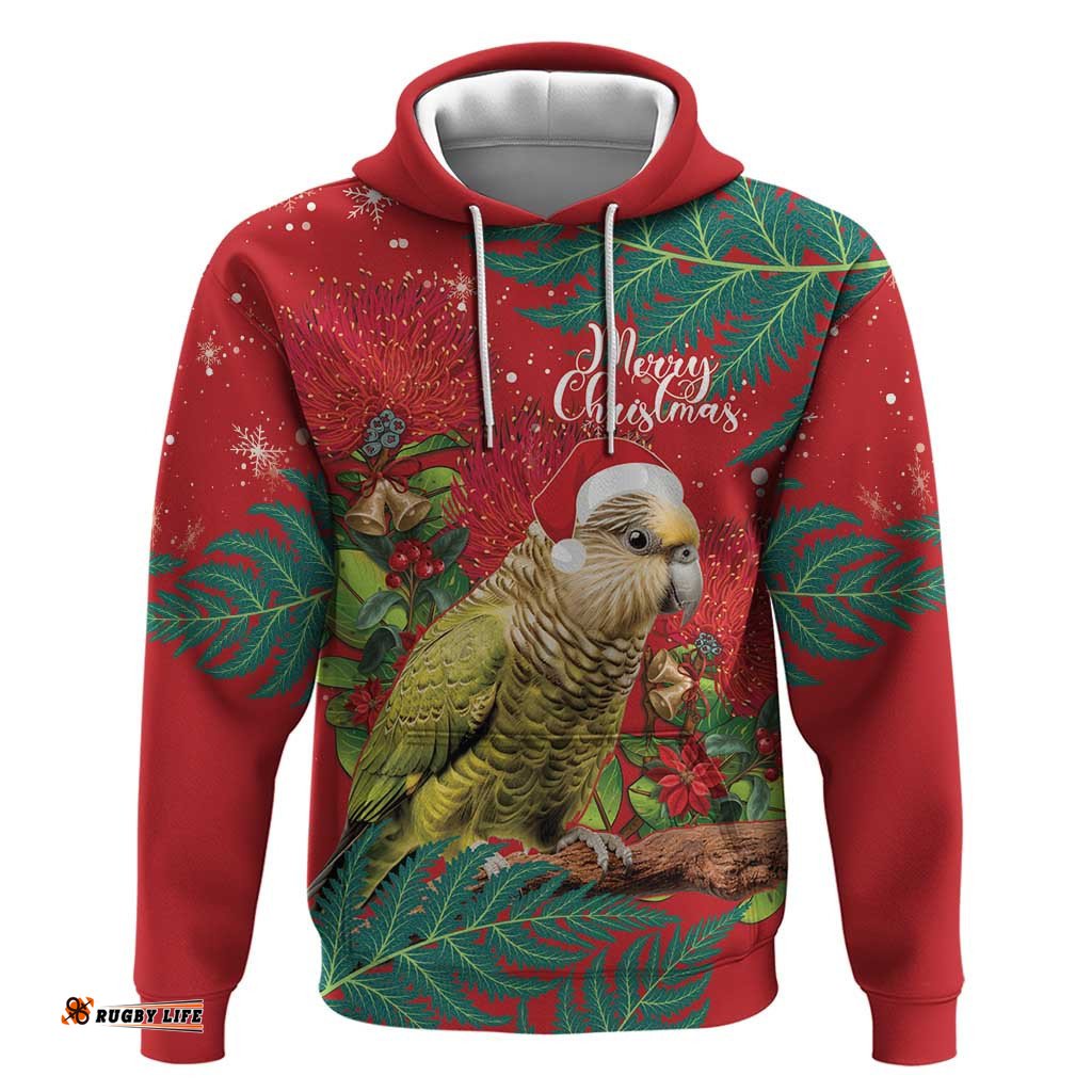 personalised new zealand kakapo christmas hoodie meri kirihimete silver fern mix pohutukawa