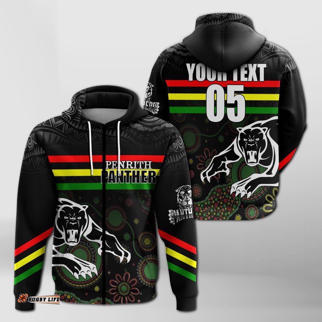 custom personalised penrith black panther zip hoodie aboriginal art with abstract pattern