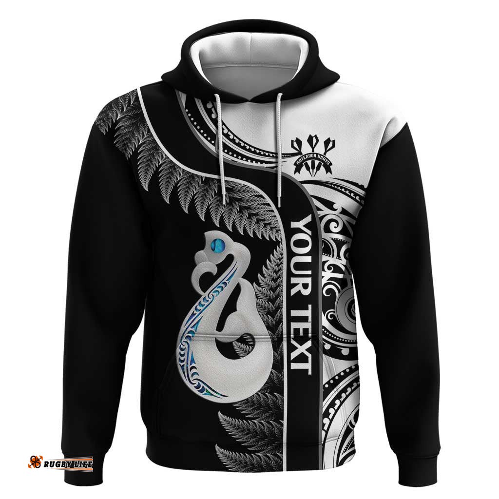 personalised new zealand darts hoodie aotearoa fern mix paua shell manaia black