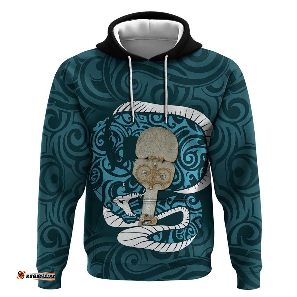 turquoise new zealand eel hoodie aotearoa maori tuna with kotiate weapon