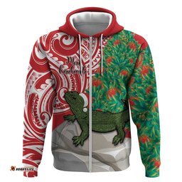 personalised new zealand tuatara christmas hoodie meri kirihimete aotearoa maori mix pohutukawa