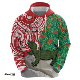 personalised new zealand tuatara christmas hoodie meri kirihimete aotearoa maori mix pohutukawa