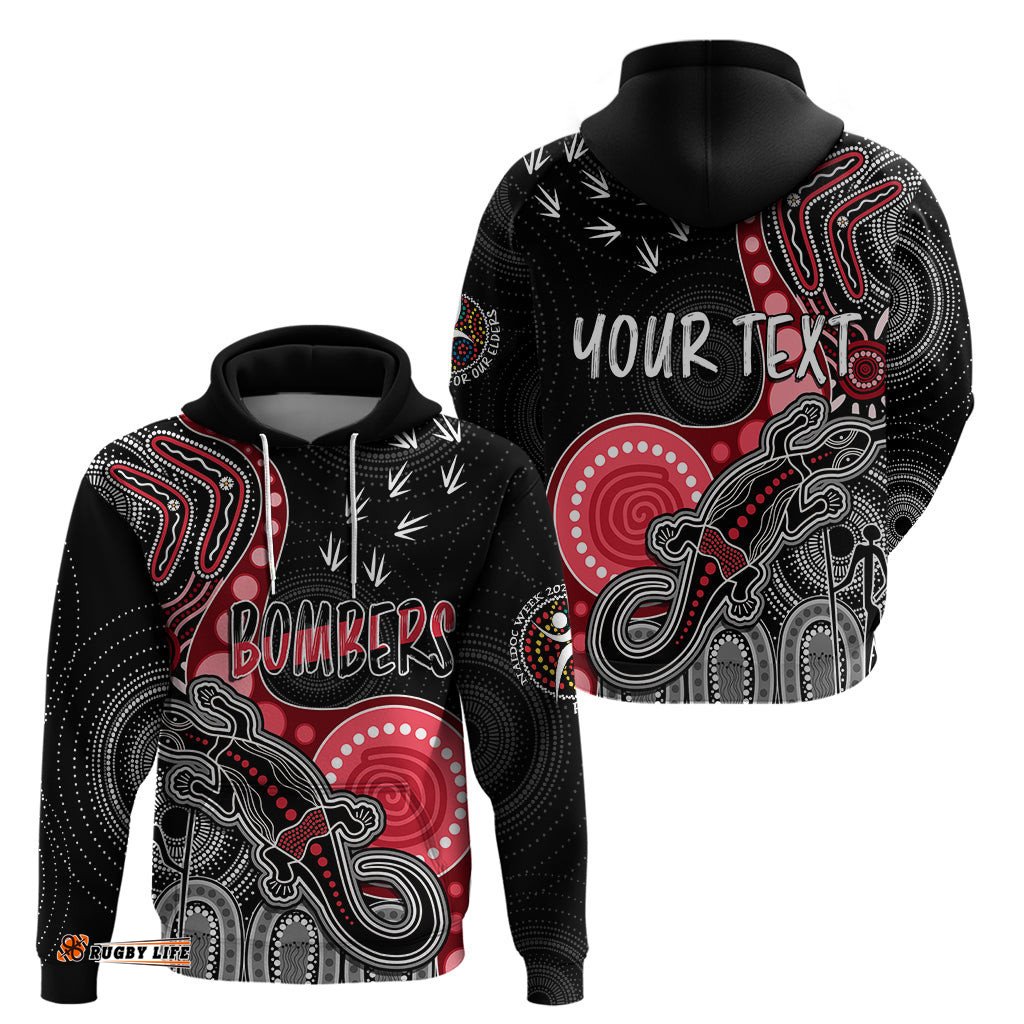 personalised naidoc week afl bombers hoodie aboriginal dot art lizard mix boomerang