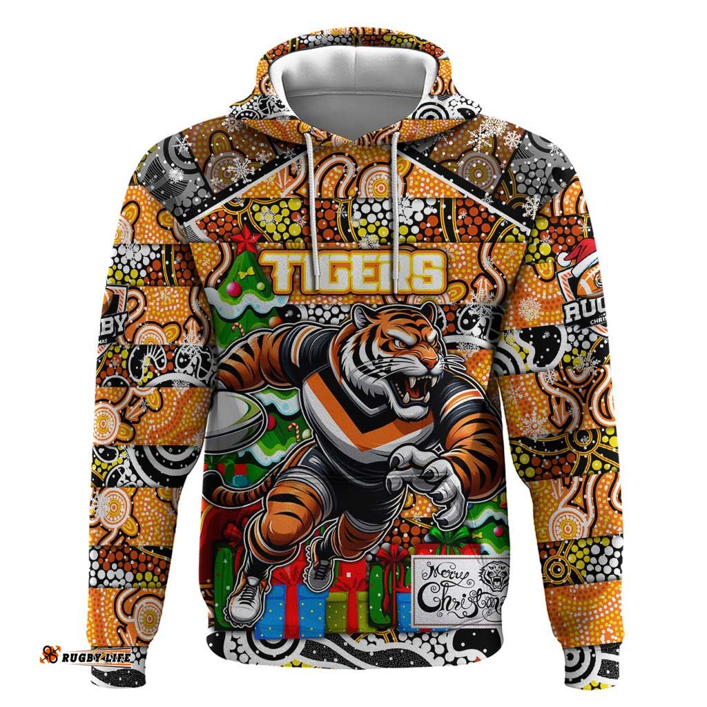 custom tigers rugby merry christmas hoodie indigenous australian art
