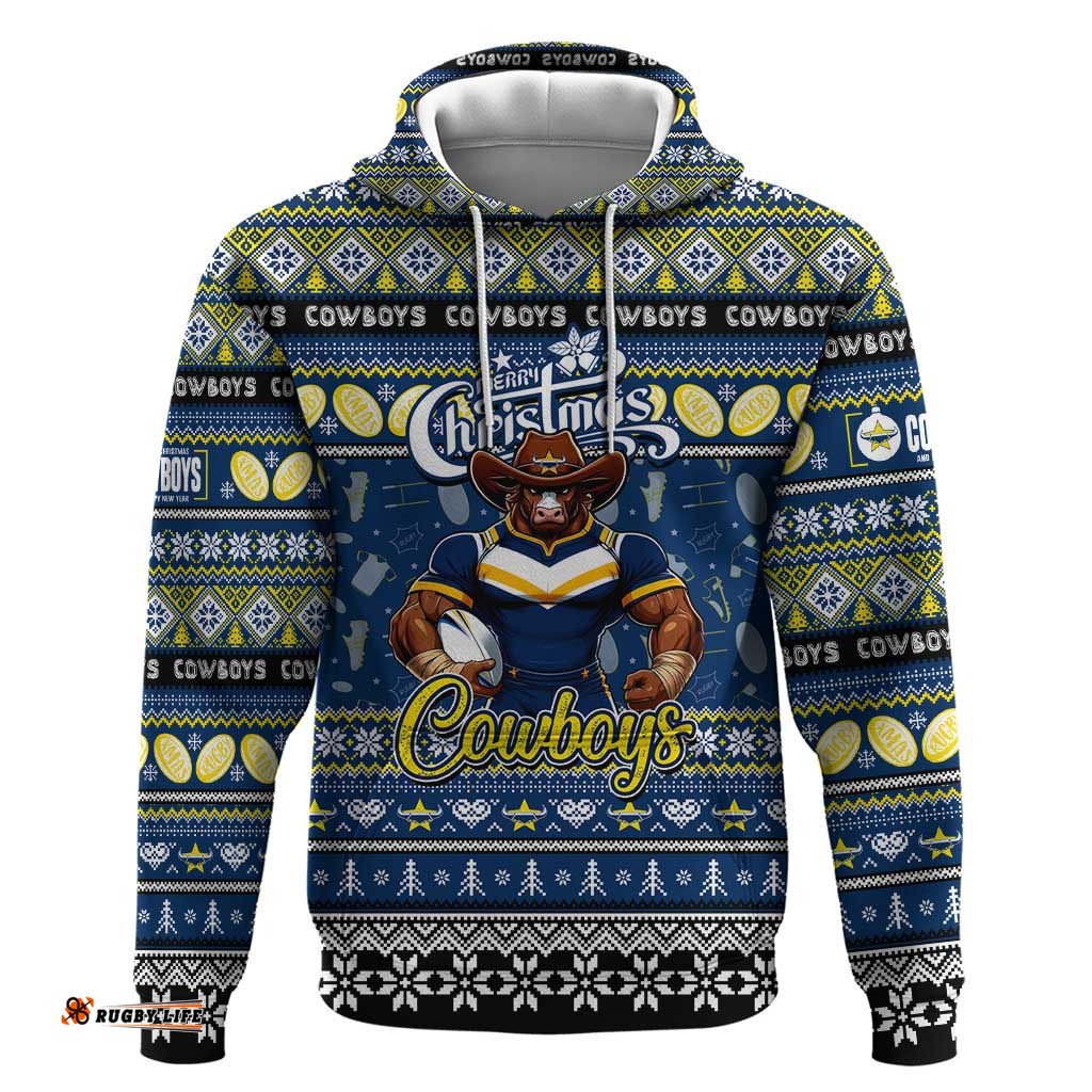 personalized cowboys rugby xmas hoodie australia nrl mascot