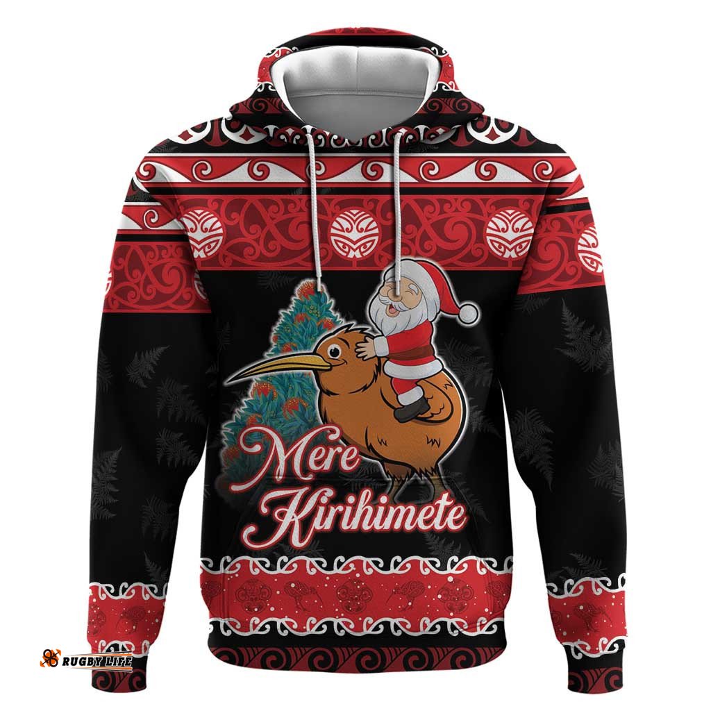 new zealand christmas hoodie funny santa riding kiwi meri kirihimete