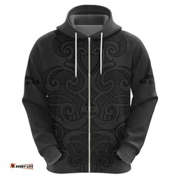 custom text and number new zealand rugby hoodie all black fern with maori tribal pattern