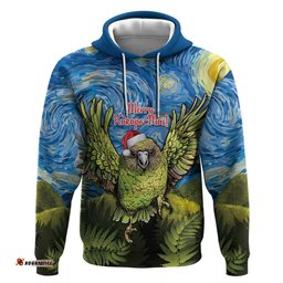 personalised jumping kakapo christmas hoodie new zealand fern starry night style