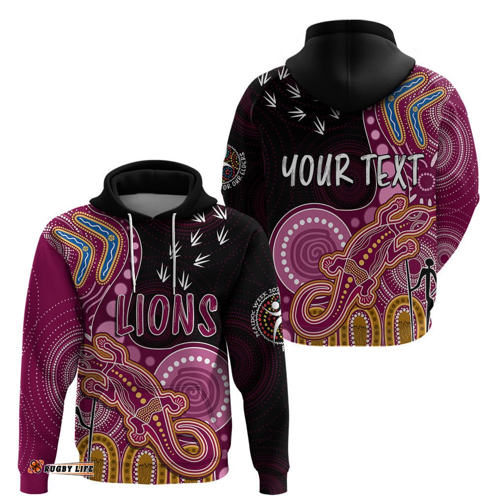 personalised naidoc week afl lions hoodie aboriginal dot art lizard mix boomerang