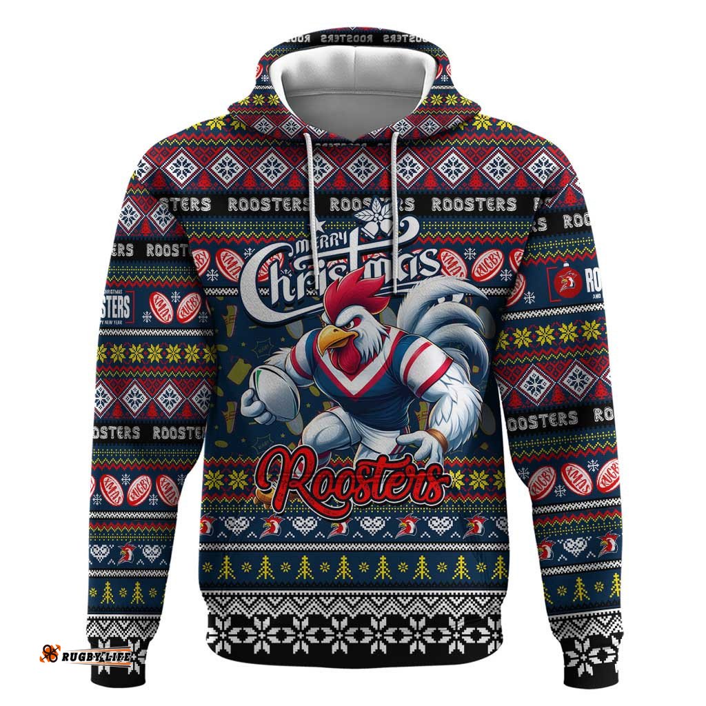 personalized roosters rugby xmas hoodie australia nrl mascot