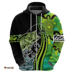 australia fishing hoodie aboriginal rise and shine a bass fish jumps out of water and aboriginal patterns inspired