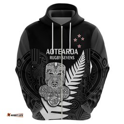 custom text and number aotearoa rugby sevens all black tiki fern hoodie