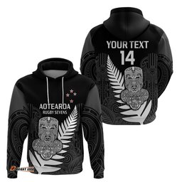 custom text and number aotearoa rugby sevens all black tiki fern hoodie