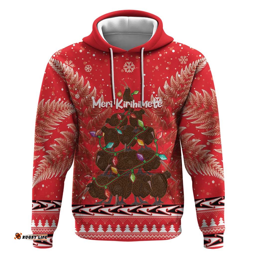 kiwi new zealand christmas hoodie meri kirihimete silver fern red color