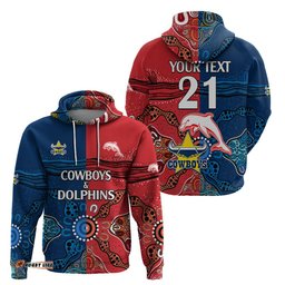 custom text and number nrl half dolphins and half cowboys rugby hoodie aboriginal