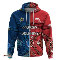 custom text and number nrl half dolphins and half cowboys rugby hoodie aboriginal