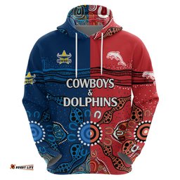 custom text and number nrl half dolphins and half cowboys rugby hoodie aboriginal