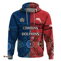 custom text and number nrl half dolphins and half cowboys rugby hoodie aboriginal