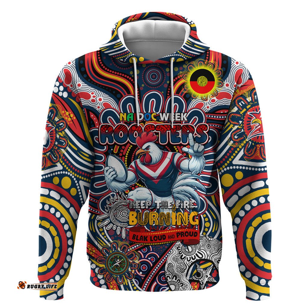 custom naidoc week 2024 roosters hoodie mascot rugby
