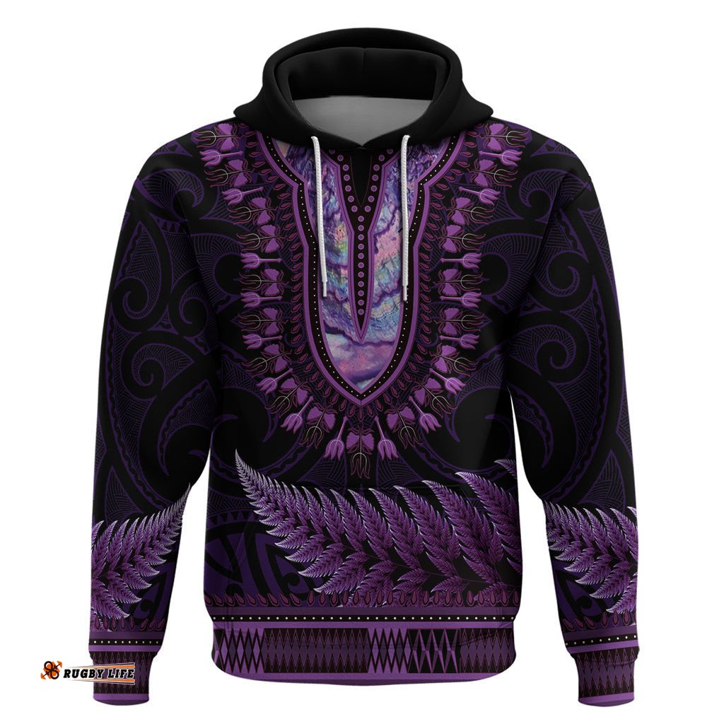 purple african dashiki with aotearoa maori hoodie paua shell mix silver fern