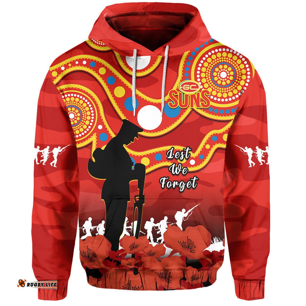 custom text and number gold coast football anzac hoodie suns aboriginal mix poppy camouflage