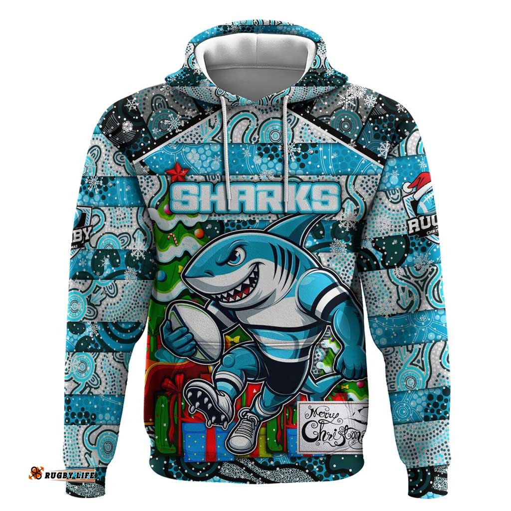 custom sharks rugby merry christmas hoodie indigenous australian art