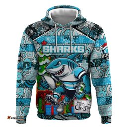 custom sharks rugby merry christmas hoodie indigenous australian art