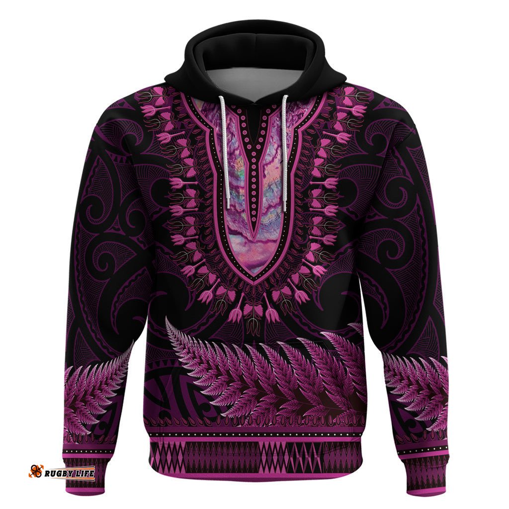 pink african dashiki with aotearoa maori hoodie paua shell mix silver fern