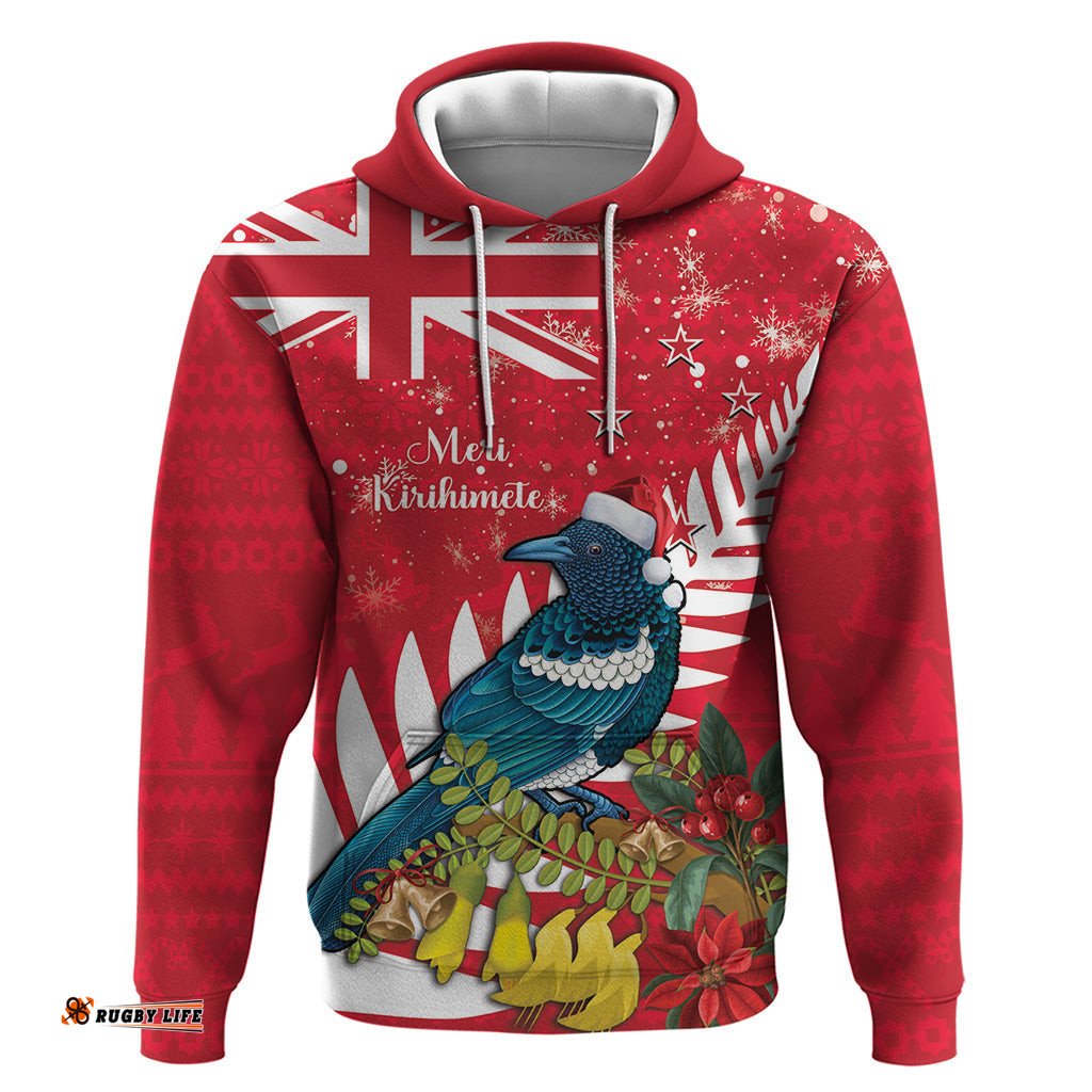 new zealand christmas in july hoodie tui bird with kowhai meri kirihimete