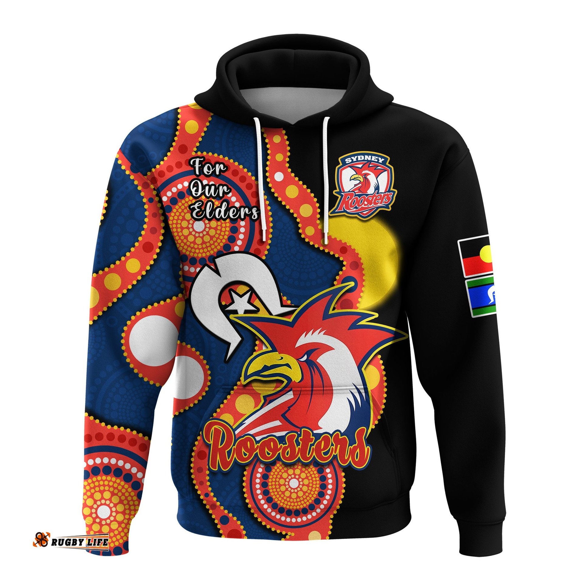 roosters rugby naidoc hoodie tricolours for our elders indigenous art