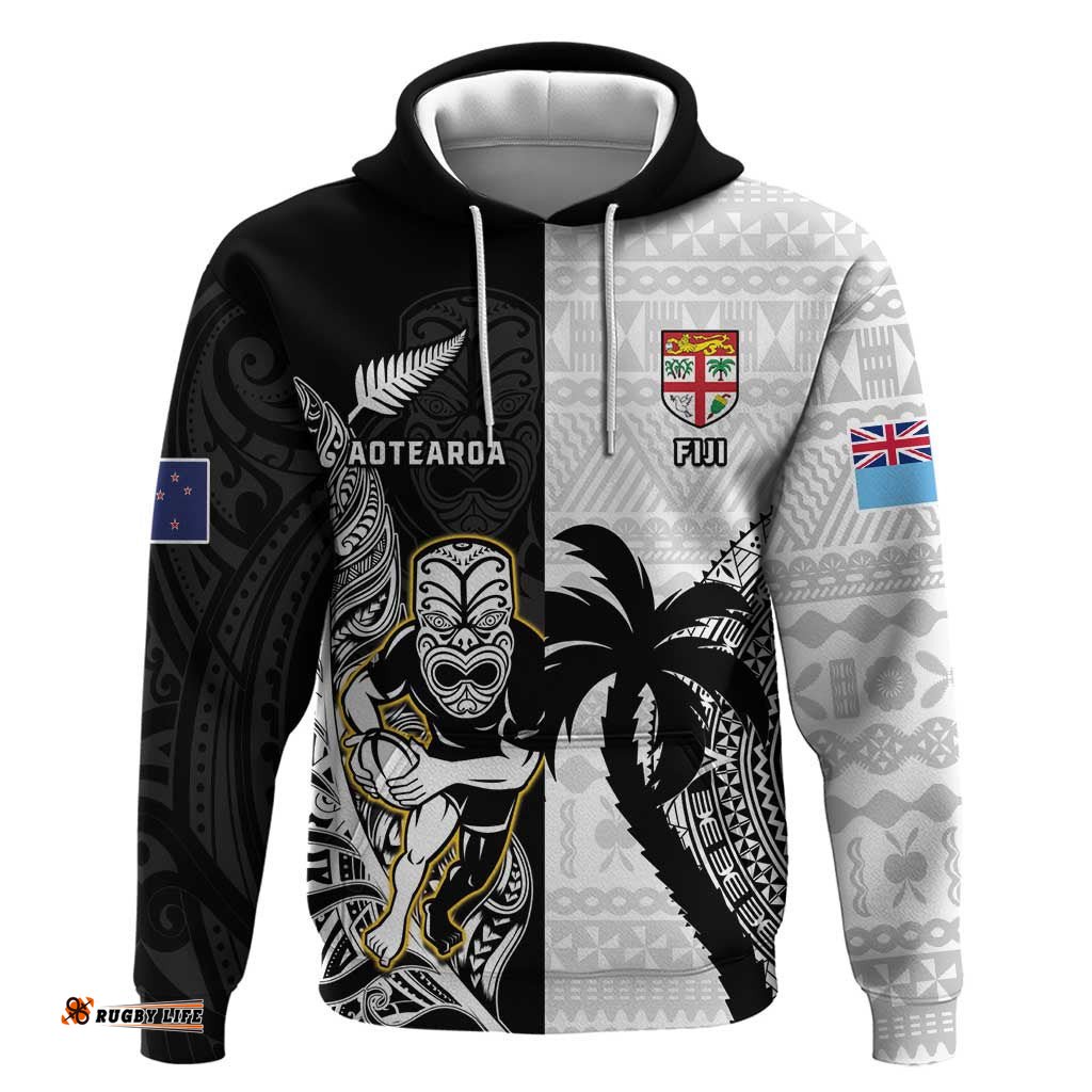 custom fiji and new zealand rugby hoodie aotearoa silver fern mix fijian tapa pattern