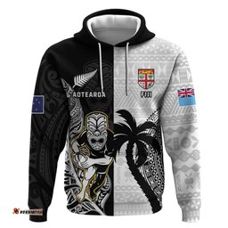 custom fiji and new zealand rugby hoodie aotearoa silver fern mix fijian tapa pattern