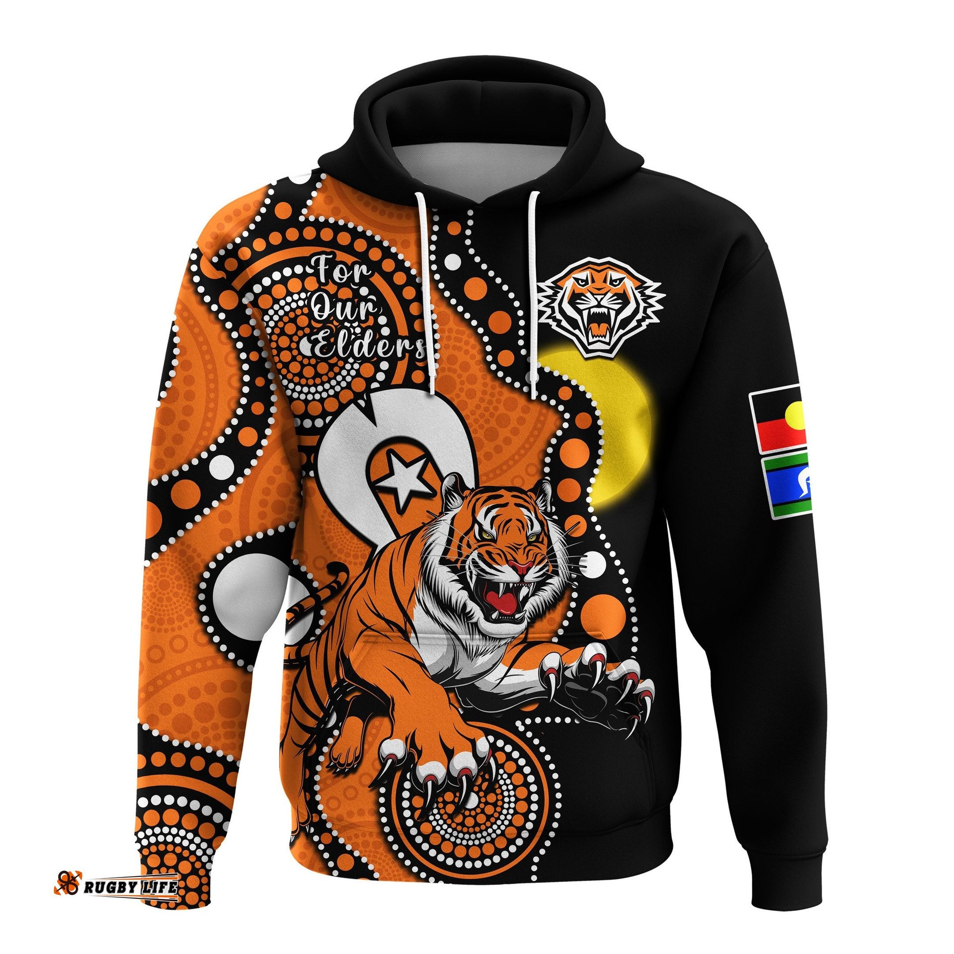custom text and number wests tigers rugby naidoc hoodie for our elders indigenous art