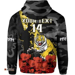 custom text and number richmond football anzac hoodie tigers aboriginal mix poppy camouflage