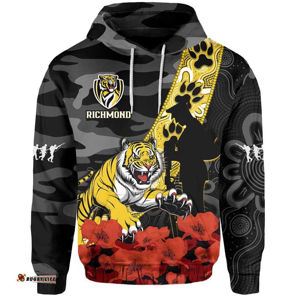 custom text and number richmond football anzac hoodie tigers aboriginal mix poppy camouflage