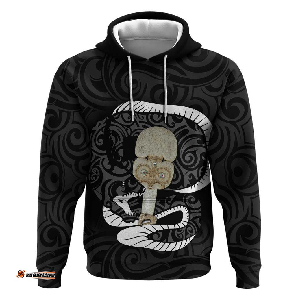 black new zealand eel hoodie aotearoa maori tuna with kotiate weapon