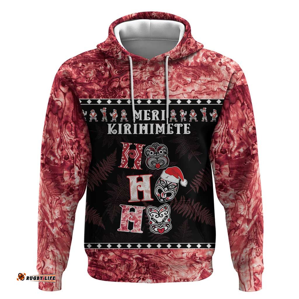 personalised new zealand tiki christmas hoodie ho ho ho paua shell glitter red