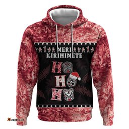 personalised new zealand tiki christmas hoodie ho ho ho paua shell glitter red