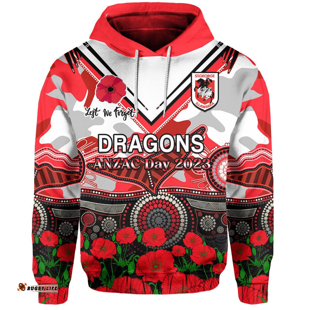 dragons rugby anzac hoodie aboriginal mix poppy lest we forget