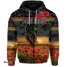 custom personalised penrith panthers anzac zip up and pullover hoodie poppy flowers vibes black