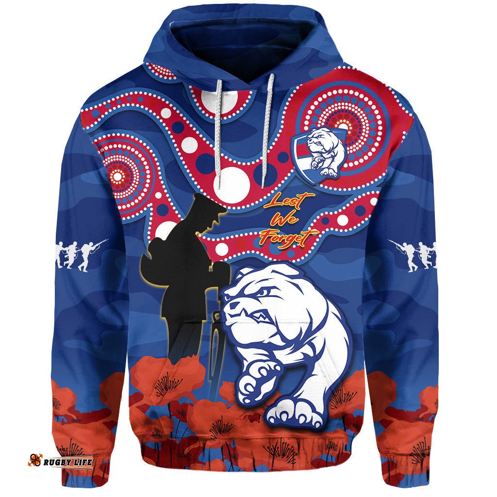 custom text and number western bulldogs football anzac hoodie doggies aboriginal mix poppy camouflage