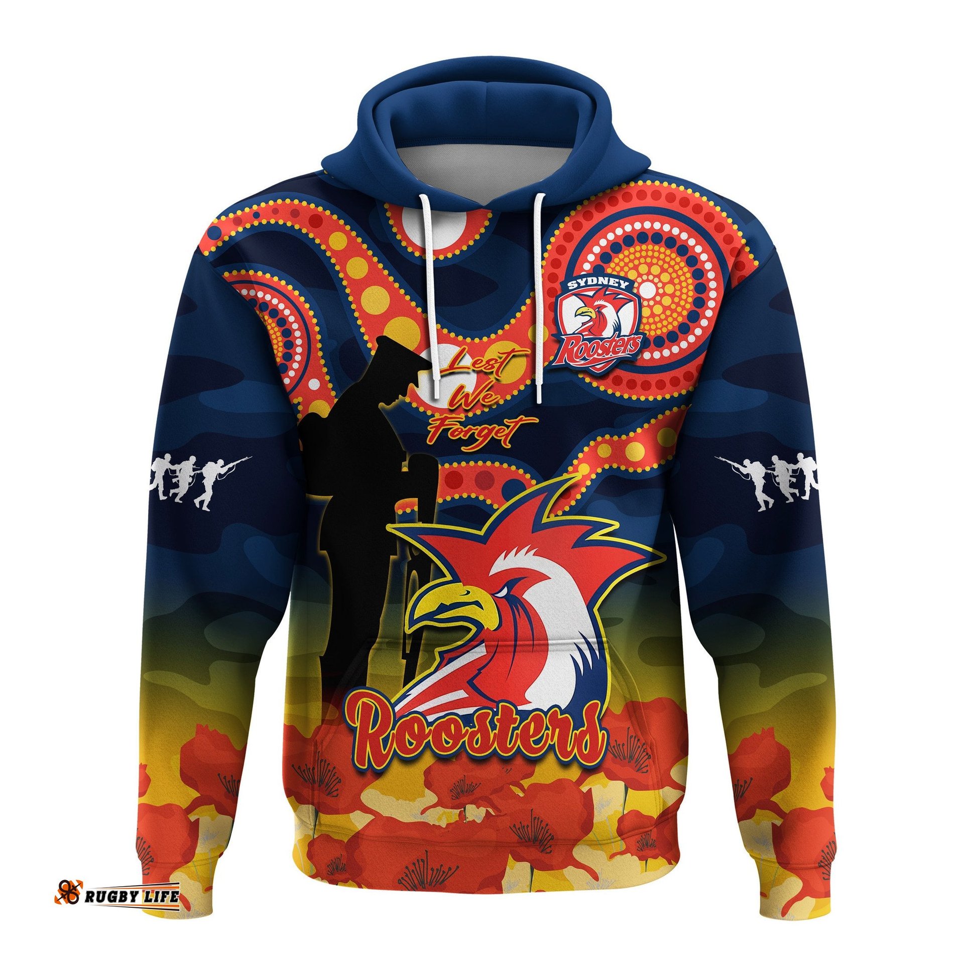 custom text and number roosters rugby anzac hoodie dots poppy mix camouflage lest we forget