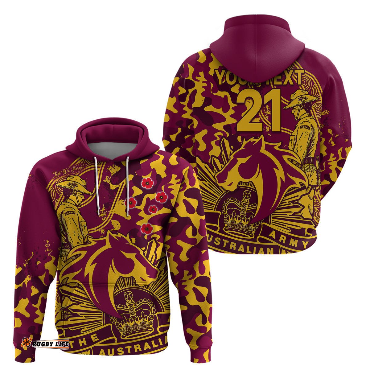 custom text and number nrl anzac broncos hoodie camouflage