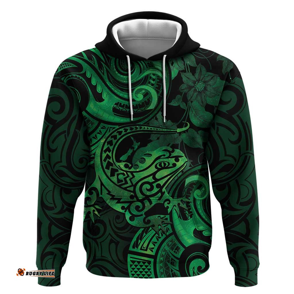 new zealand tuatara hoodie aotearoa maori clematis flowers green