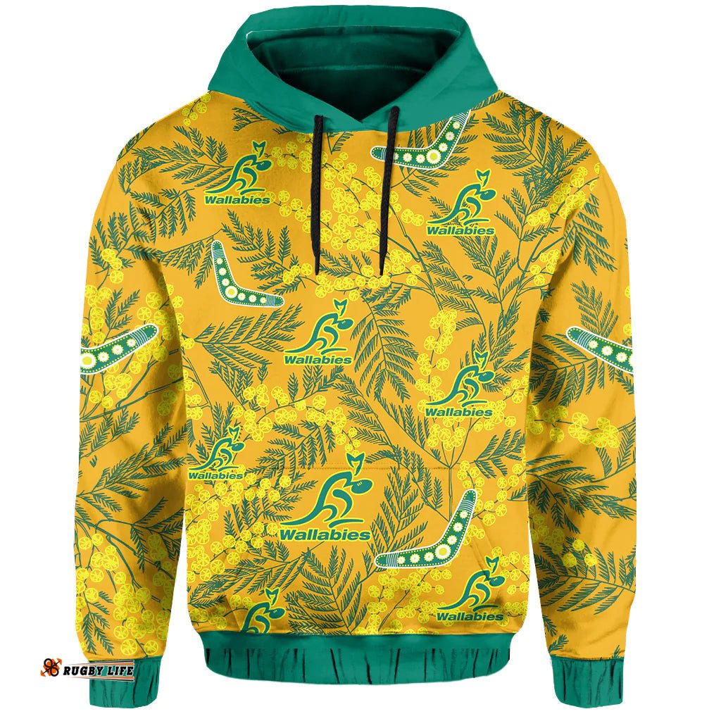 custom personalised wallabies rugby hoodie golden wattle aboriginal boomerang style hawaii