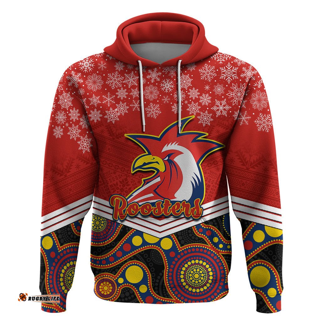 custom roosters rugby christmas hoodie merry xmas mix aboriginal art