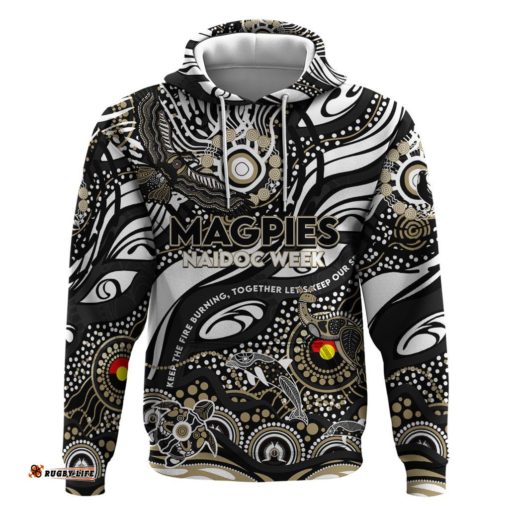 custom naidoc week 2024 magpies hoodie aboriginal animals keep the fire burning