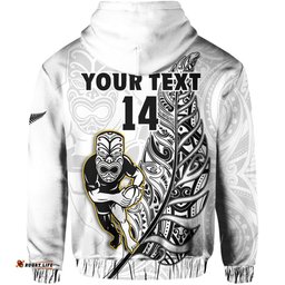 custom text and number new zealand silver fern rugby hoodie all black maori version white