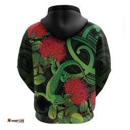 new zealand gecko hoodie aotearoa maori with pohutukawa flowers